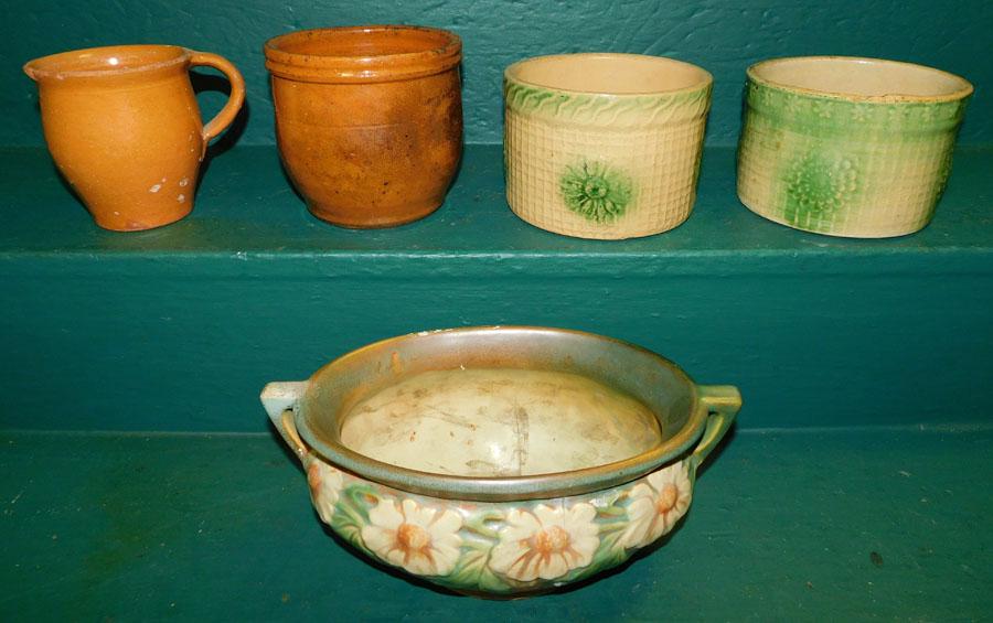 2 Pcs Redware, 2 Crocks, & Roseville Planter,: 2 Pieces of Early Redware, 2 Salt Glaze Crocks, & Roseville Planter, (Restored). Planter: 10 1/2" W