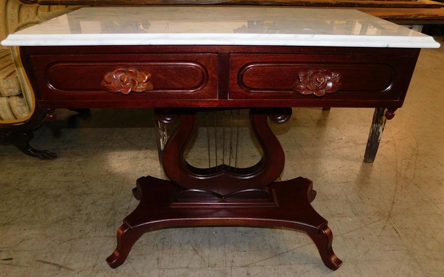 Mah Victorian Style Console Table w/ Marble Top: Mahogany Victorian Style Console Table with Marble Top. 36 1/2" W 18 1/4" D 31" H