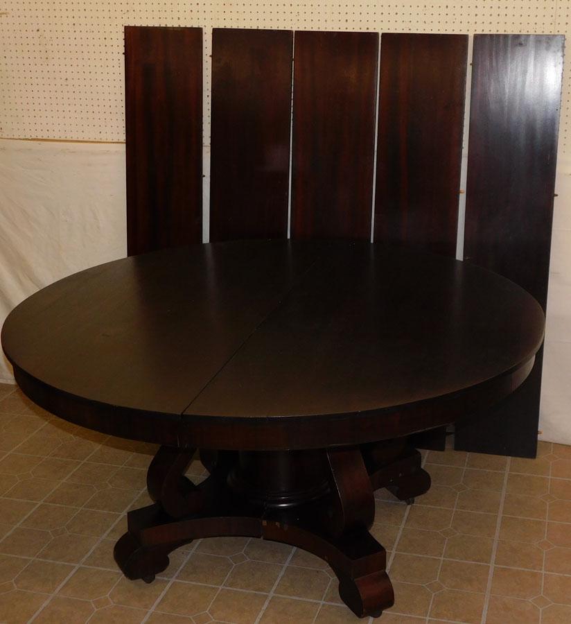 Antique Round Mahogany Table w/ 5 Leaves: Antique Round Mahogany Dining Table with 5 Leaves. 60 1/4" DIA. 30 3/4" H, Leaves 12" W