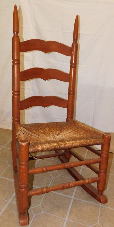 Walnut Ladder Back Rocker with Rush Seat: Walnut Ladder Back Rocker with Rush Seat . 37 1/4" H