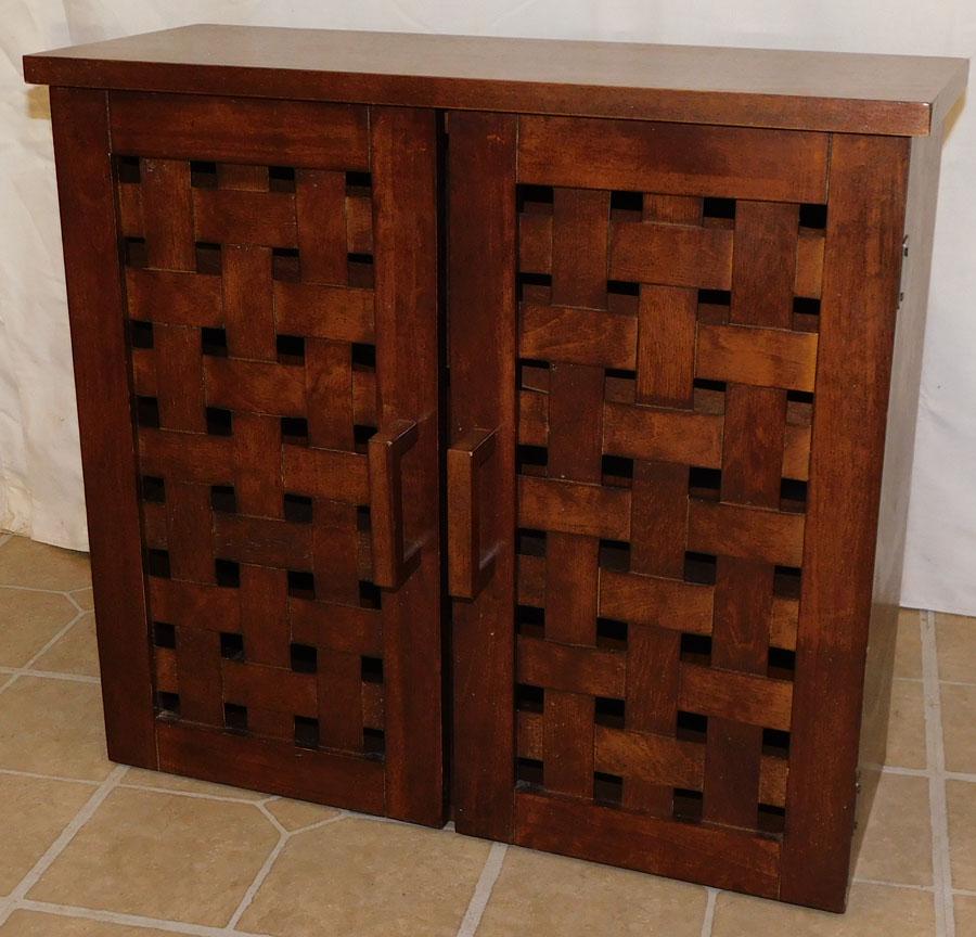 Mah Hanging Wall Cabinet w/ Lattice Work Doors: Mahogany Hanging Wall Cabinet with Lattice Work Doors. 23 1/4" W 9" D 21 1/4" H
