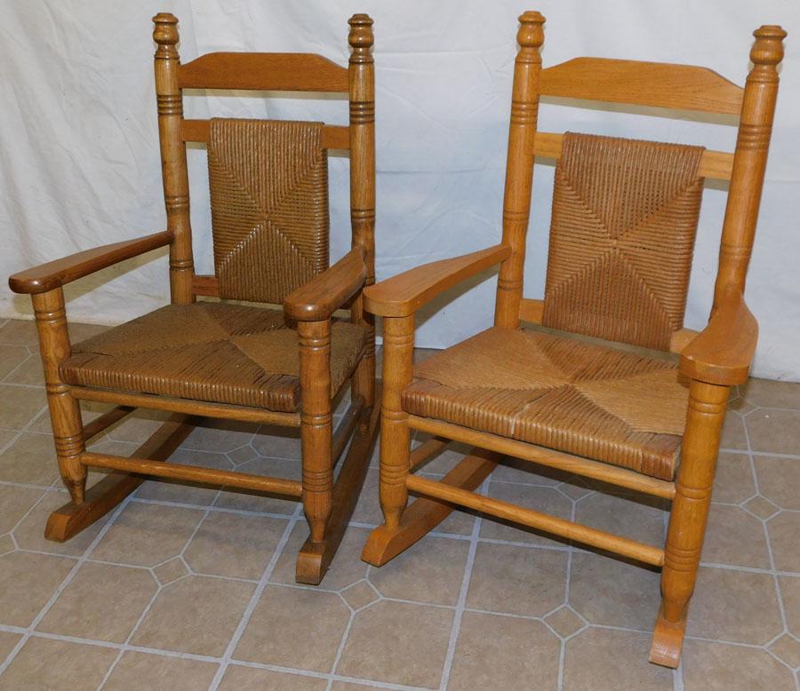 Pr Oak Rush Bottom & Seat Child's Rockers: Pair of Oak Rush Bottom & Seat Child's Rockers. 30" H