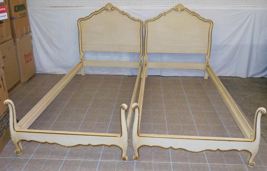 Pr Pntd Shell Carved Fr Provincial Twin Beds: Pair of Painted Shell Carved French Provincial Twin Beds by Kindel Grand Rapids . 39" W 45 1/2" H