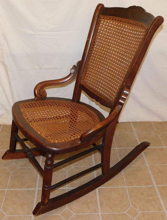 Walnut Vict Rocking Chair w/ Cane Back & Seat: Walnut Victorian Rocking Chair with Cane Back & Seat. 33 1/2" H
