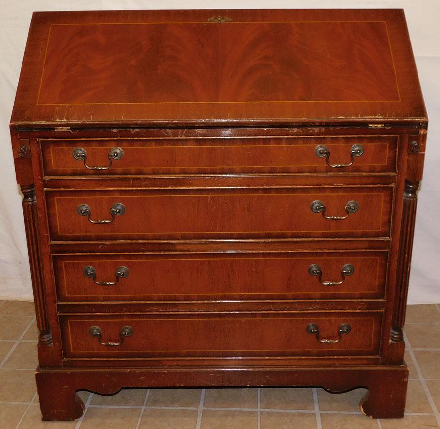 Mahog Inlaid Slant Front Desk by Robert Blake: Mahogany Inlaid Slant Front Desk by Robert Blake. 36 1/2" W 19" D 39 H