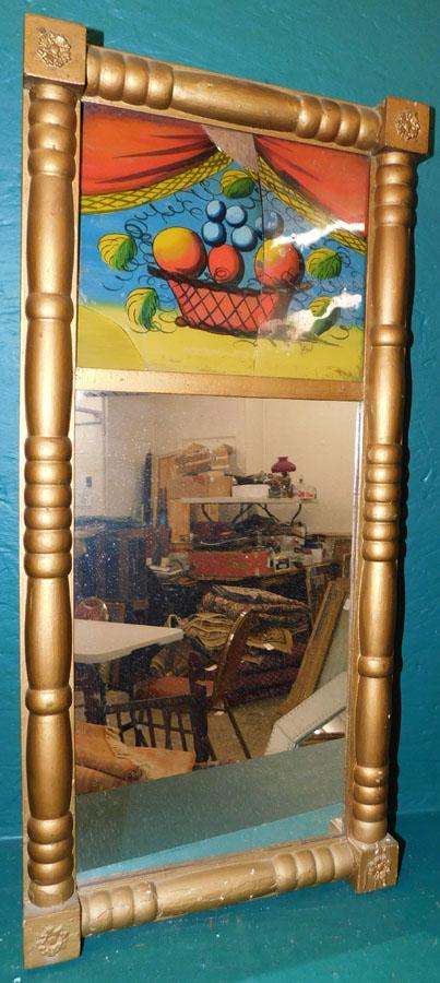 Ant Federal Mirror w/ Reverse Painted Panel: Antique Federal Mirror with Reverse Painted Panel, Glass Damaged. 13" W 27 1/2" H