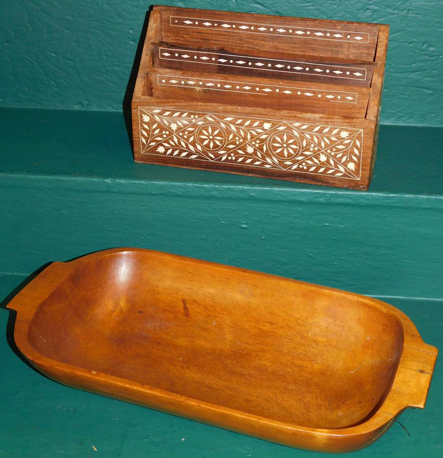 Teakwood & Bone Letter Holder & Ant Dough Bowl: Teakwood & Bone Letter Holder & Antique Dough Bowl. Bowl: 18" L x 9 1/2" W