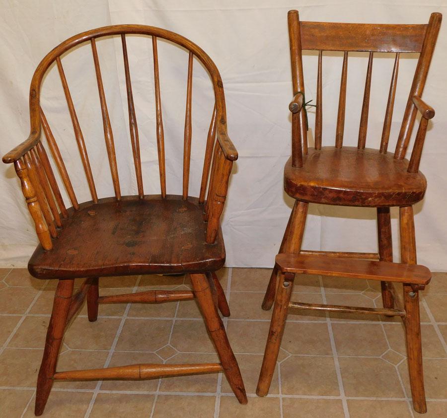 Ant Windsor Continuous Arm Chair & High Chair: Antique Windsor Continuous Arm Chair & High Chair. High Chair: 34" H