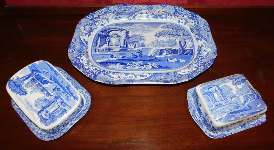 Bl Transfer Platter, Cheese Dish, & Spode butter dish: Blue Transfer Platter, Cheese Dish, & Butter Dish by Spode. Up to 16 1/4" W 12 3/4" H