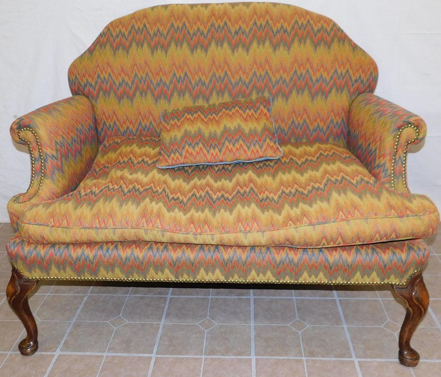 Ant Walnut Queen Anne Loveseat w/ Down Cushion: Antique Walnut Queen Anne Loveseat with Down Cushion by Gilford Galleries, Greensboro, NC. 48" W 30" D 39" H