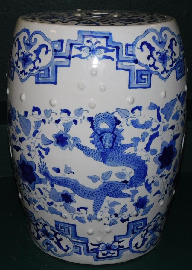 Oriental Blue & White Garden Seat with Bird Motif: Oriental Blue & White Garden Seat with Bird Motif. 13" DIA 18" H