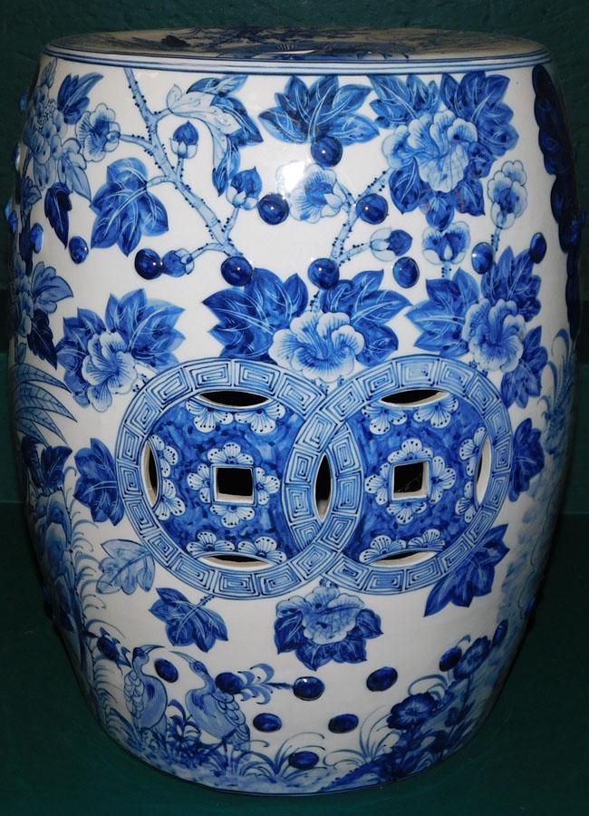 Oriental Blue & White Garden Seat with Bird Motif: Oriental Blue & White Garden Seat with Bird Motif. 13" DIA 18" H