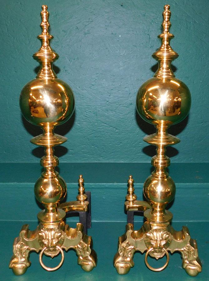 Pair of Heavy Brass Canonball Andirons: Pair of Heavy Brass Canonball Andirons. 27 1/2" H