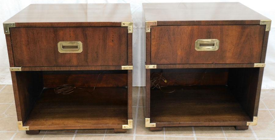 Pr Walnut MCM Campaign Style Henredon Night Stands: Pair of Walnut MCM Campaign Style Night Stands by Henredon. 22 1/4" W 18 1/4" D 23 1/4" H