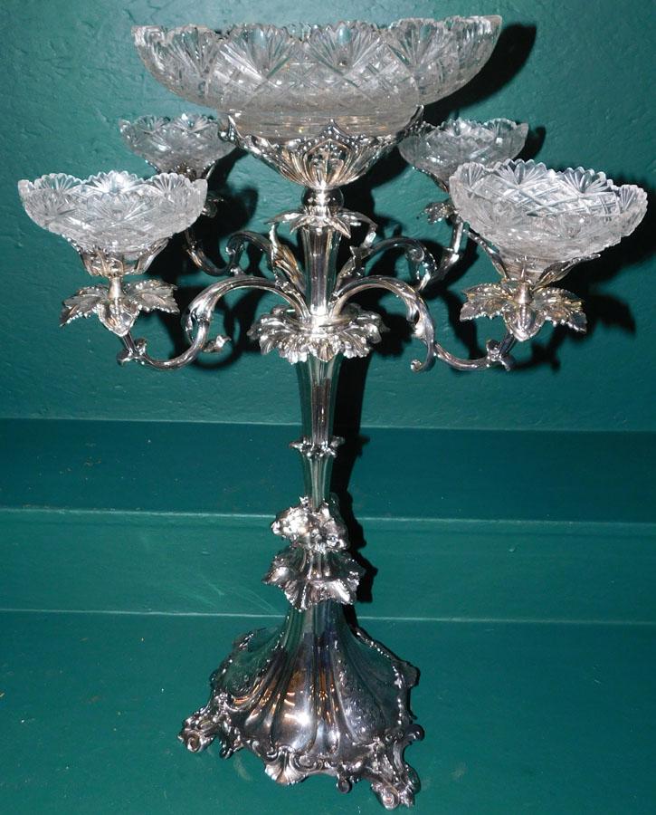 Sheffield 5 Branch SP Epergne w/ Cut Glass Bowls: Sheffield 5 Branch Silverplated Epergne with Cut Glass Bowls & Lion Head Accents. 28" H