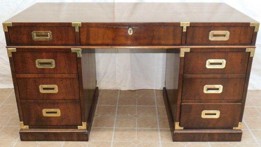 Walnut MCM Campaign Style Desk by Henredon: Walnut MCM Campaign Style Desk by Henredon. 54 1/2" W 24 1/4" D 30 1/4" H