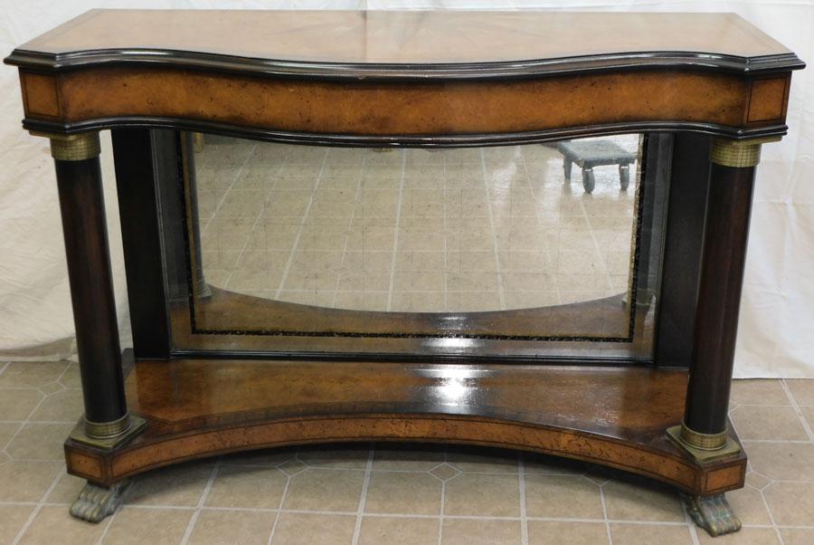 Burl Wood Inlaid Petticoat Table w/ Bronze Mnts & Feet: Burl Wood Inlaid Petticoat Table with Bronze Mounts & Feet. 49 1/4" W 20 1/4" D 34" H