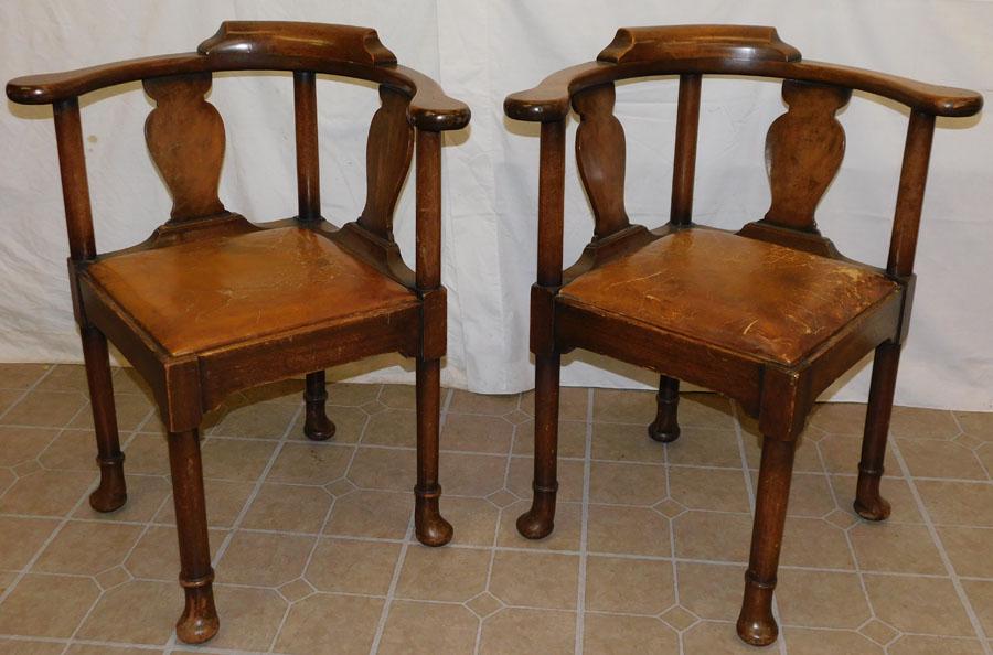 Pair of QA Mah Corner Chairs w/ Leather Seats: Pair of Queen Anne Mahogany Corner Chairs with Leather Seats. 32 1/2" H
