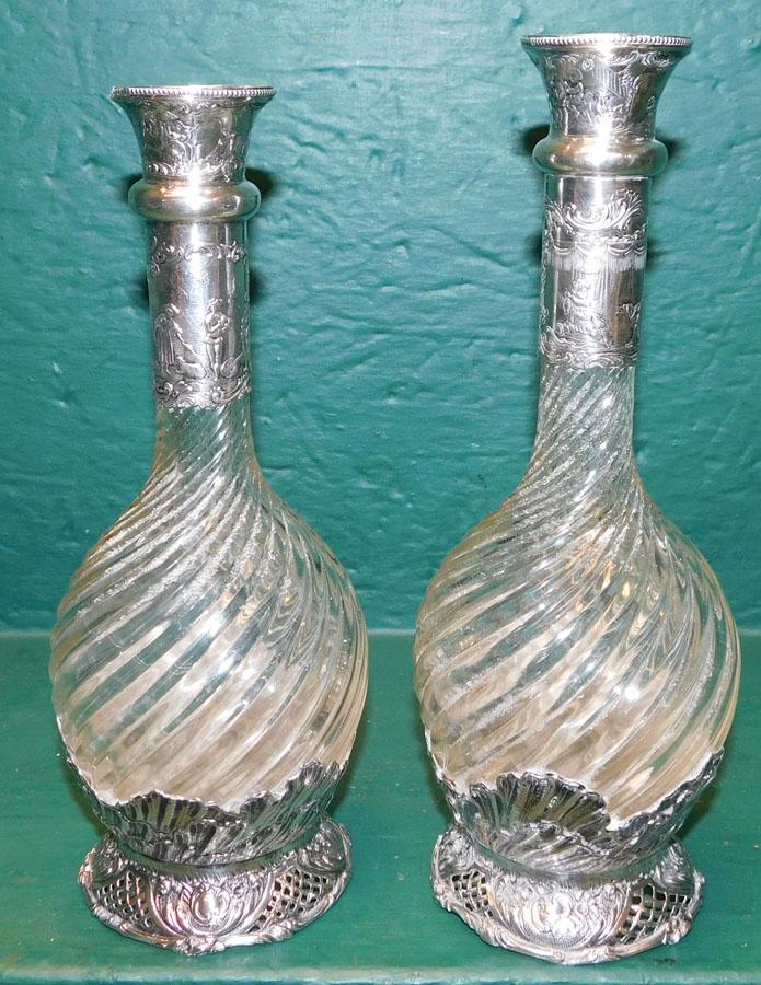 Pair of German 800 Silver & Glass Decanters: Pair of German 800 Silver & Glass Decanters, (No Stoppers). 9 3/4" H
