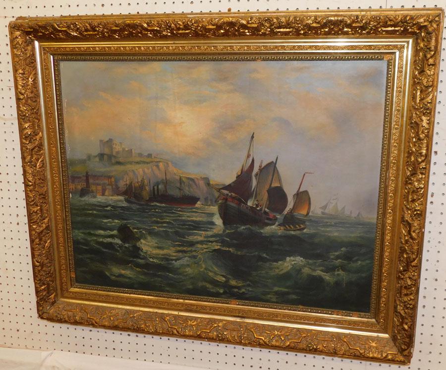 19th Century Oil on Canvas Ship Scene: 19th Century Oil on Canvas Ship Scene, (Canvas has some damage). 42 3/4" x 34 3/4"