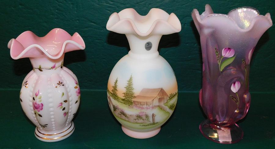 3 Fenton Hand Painted Vases: 3 Fenton Hand Painted Vases. Up to 9 1/4"