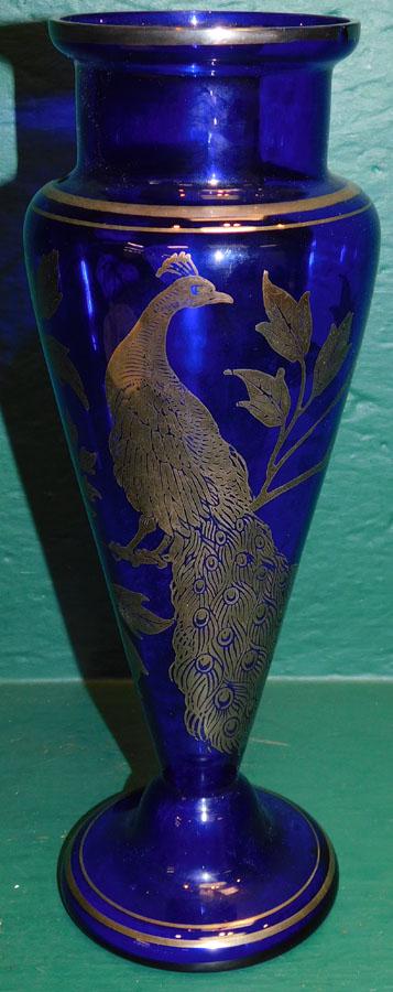 German Cobalt Blue Vase w/ Sterling Overlay: German Cobalt Blue Vase with Sterling Overlaid Peacock Motif. 12 1/2" H