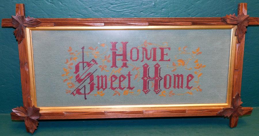 Wal Vict Stick Framed 'Home Sweet Home' Needlework: Walnut Victorian Stick Framed 'Home Sweet Home' Needlework. 26 1/4" x 13 1/2"