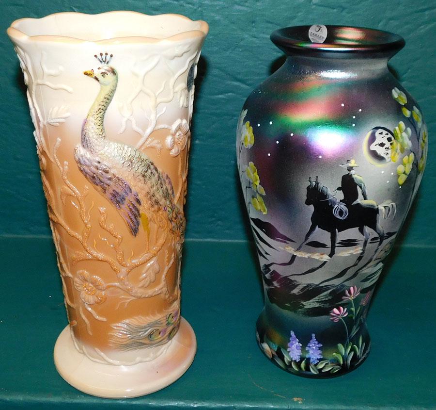 2 Fenton Vases, (1 with Peacock Motif): 2 Fenton Vases, (1 with Peacock Motif). Up to 9 3/4" H