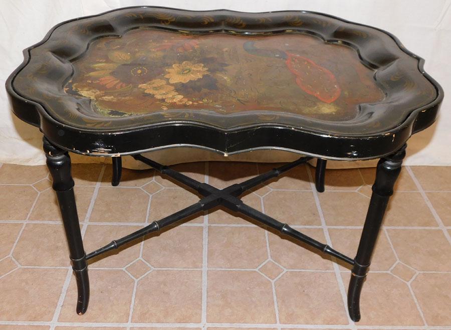 Tole Peacock Paint Decorated Tea Table: Tole Peacock Paint Decorated Tea Table . 29 3/4" W 23" D 19" H