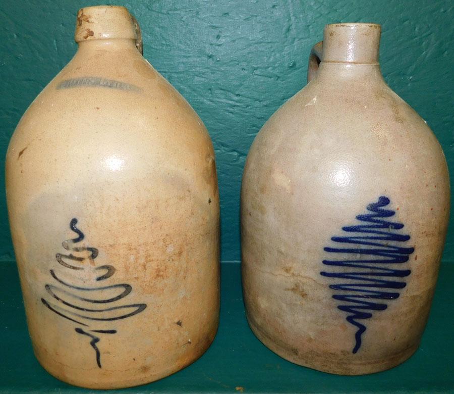 2 Beehive Blue Decorated Stoneware Jugs: 2 Beehive Blue Decorated Stoneware Jugs, (1 by Whites, Utica, NY - 1 restored, 1 as is). Up to 12 1/2" H