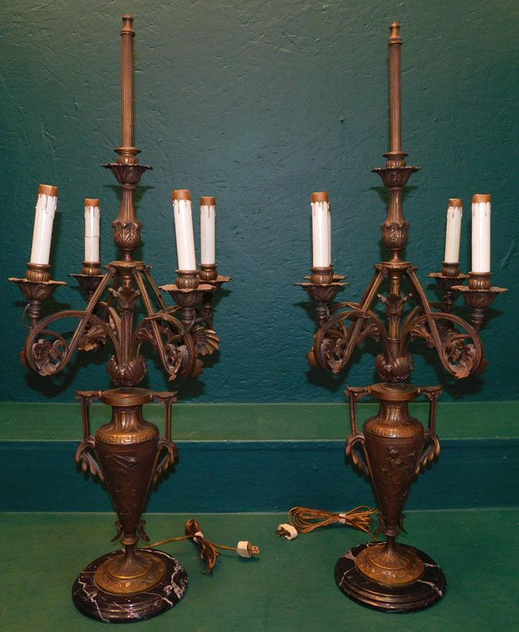 Pr Bronze Neoclassical 4 Light Candelabra Lamps: Pair of Bronze Neoclassical 4 Light Candelabra Lamps . 33 3/4" H