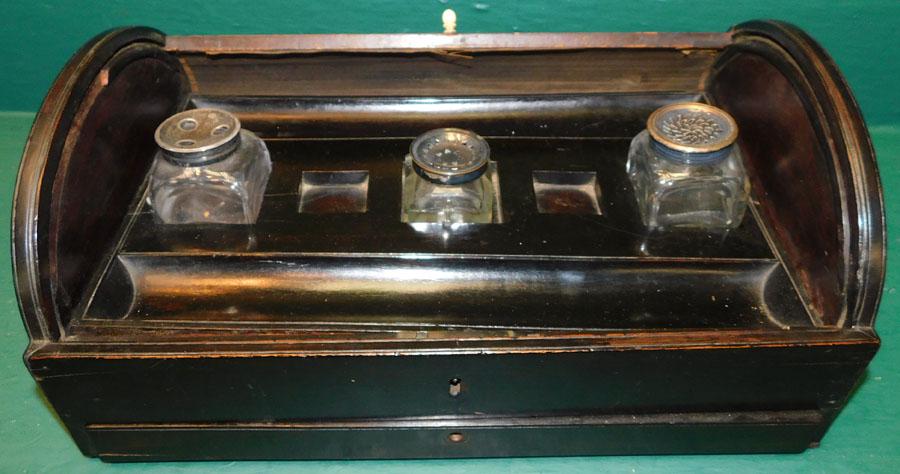 19th Century Ebony Tambour Roll Top Ink Stand: 19th Century Ebony Tambour Roll Top Ink Stand. 14 1/4" W 9 3/4" D 6" H
