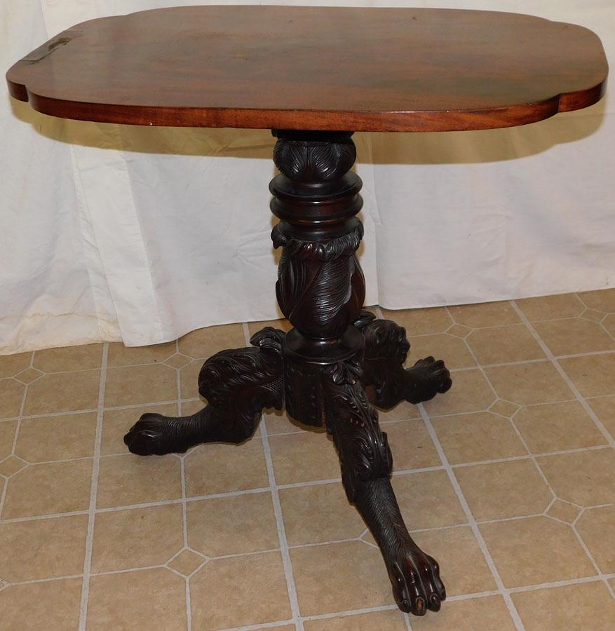 19th C Mahogany Carved Pedestal Tilt Top Table: 19th Century Mahogany Carved Hairy Claw Foot Pedestal Tilt Top Table. 30 1/2" W 20" D 30" H