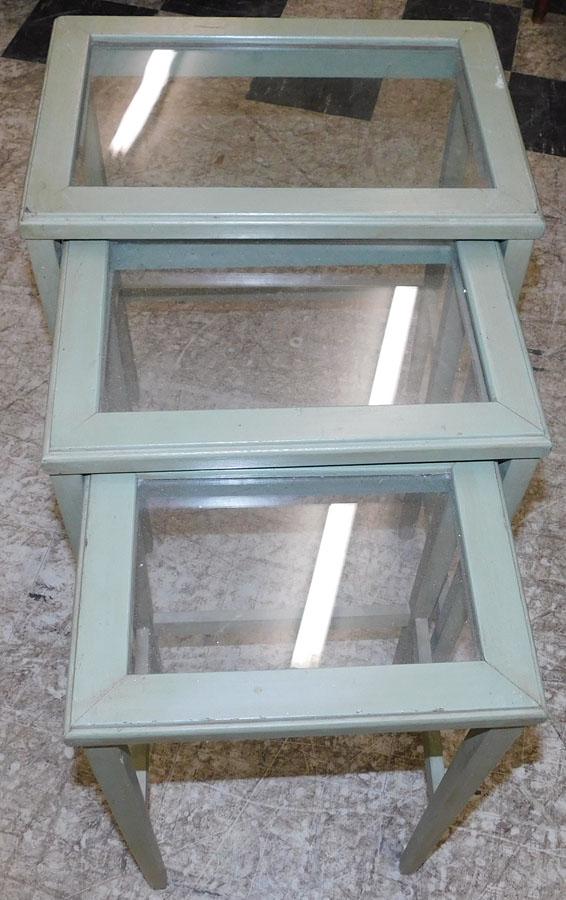 3 Painted Glass Top Nesting Tables: 3 Painted Glass Top Nesting Tables . 16 1/2" W 11 1/2" D 22" H