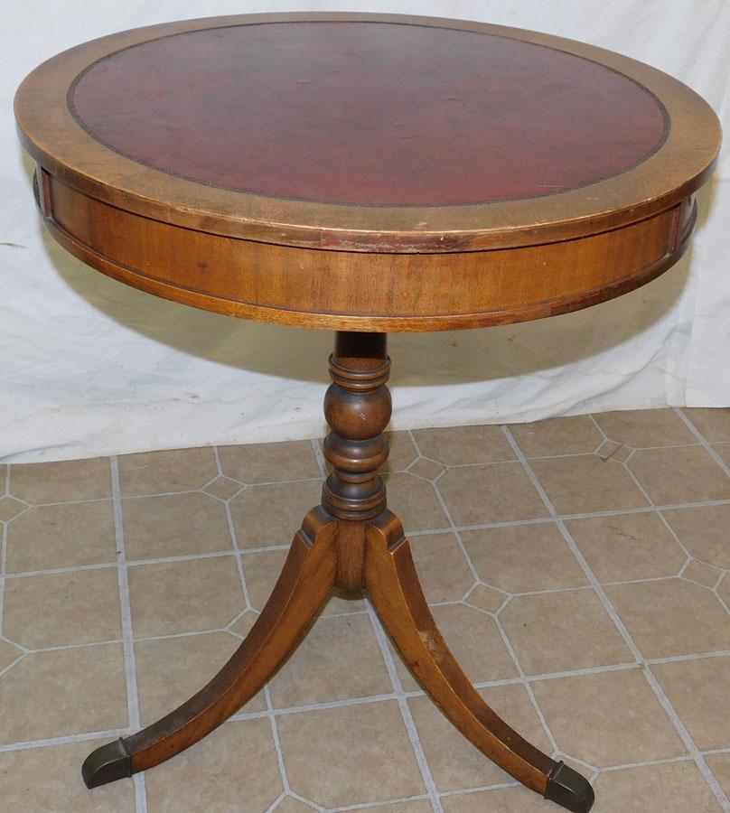 Mahogany Tooled Leather Top Drum Table: Mahogany Tooled Leather Top Drum Table. 24" DIA. 28" H