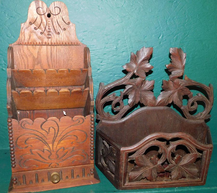 2 Antique Hanging Wall Letter Holders: 2 Antique Hanging Wall Letter Holders. Up to 17 1/2" H