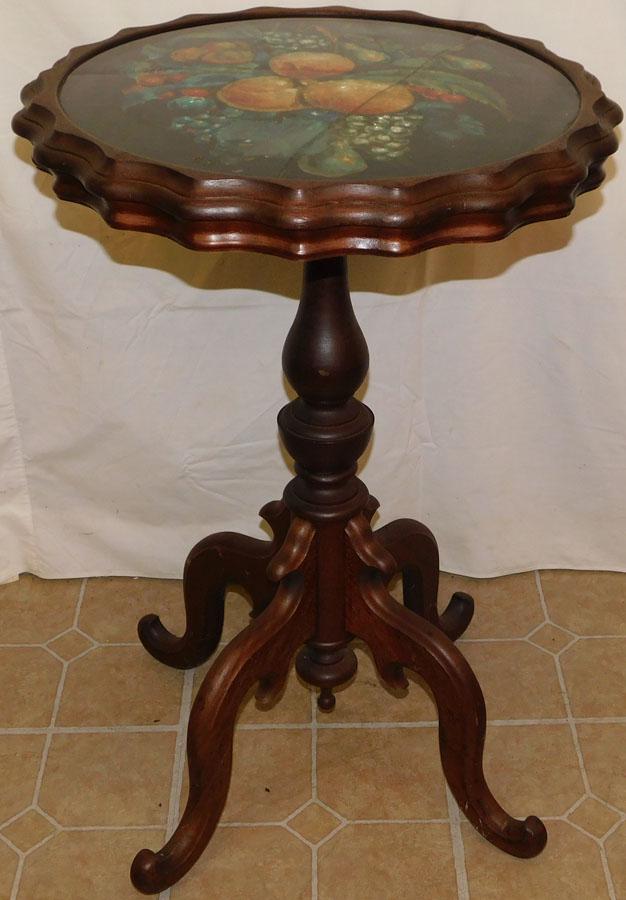 Reverse Painted Glass Top Walnut Tea Table: Reverse Painted Glass Top Walnut Tea Table, (Glass As Is). 21" DIA. 30" H