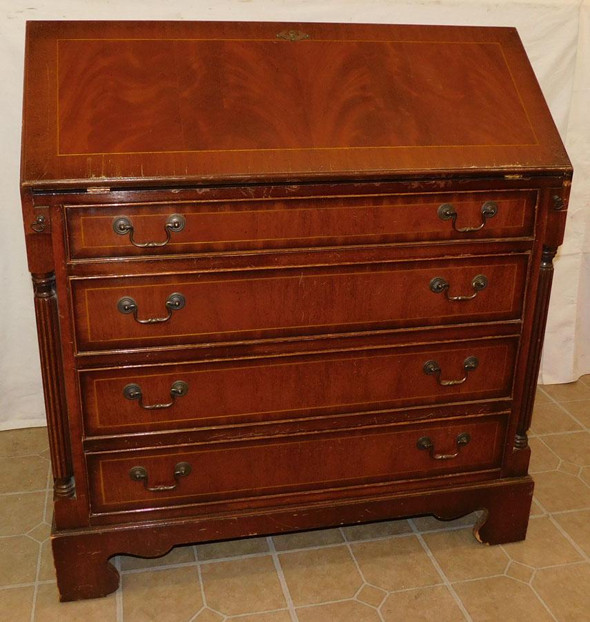 Inlaid Mahogany Slant Front Desk by Robert Morris: Inlaid Mahogany Slant Front Desk by Robert Morris, (Lid Needs Work). 36 1/2" W 19" D 39" H
