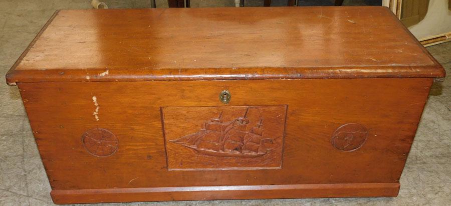 Antique Pine Box with Carved Ship Motif: Antique Pine Box with Carved Ship Motif. 40 1/4" W 17" D 17" H
