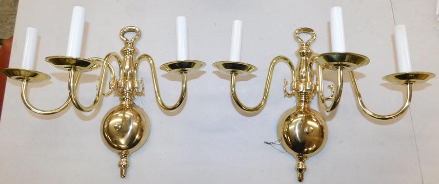 Pair of Brass 3 Light Wall Sconces: Pair of Brass 3 Light Wall Sconces. 15 3/4" W 13 1/2" H