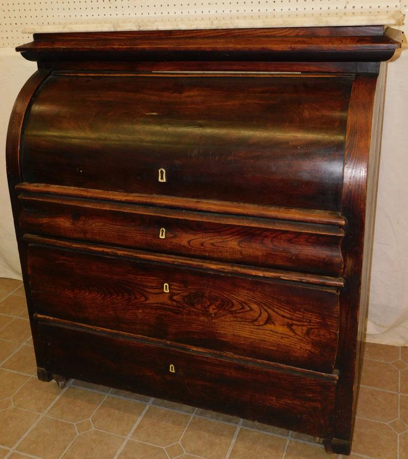 19th C Elmwood Cylinder Roll Marble Top Desk: 19th Century Elmwood Cylinder Roll Marble Top Desk. 42 1/2" W 21 1/2" D 47" H