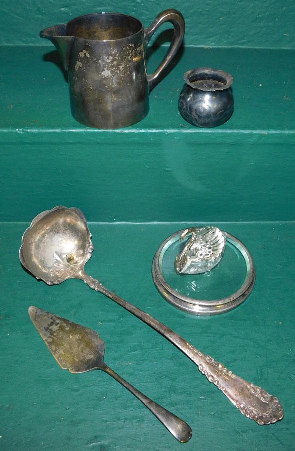 SP Punch Ladle, Creamer, Trivet, Swan Salt Lot: Silverplate Punch Ladle, Creamer, Bevel Glass Trivet, Swan Salt Lot. Ladle: 13" L