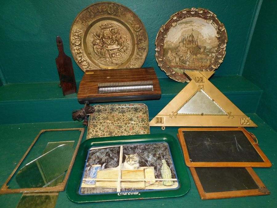Brass Plaques, CocaCola Tray, Chalk Boards, & Vintage: Lot of Chalk & Brass Plaques, Coca Cola Tray, Chalk Boards, & Vintage Items. Up to 17 1/2" x 13"