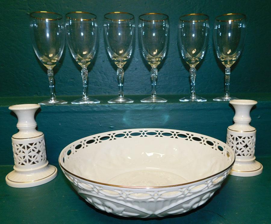Lenox, 6 Wine Glasses, & Open Work Garniture Set: Lot of Lenox, 6 Wine Glasses, & Open Work Garniture Set. Up to 12" DIA.