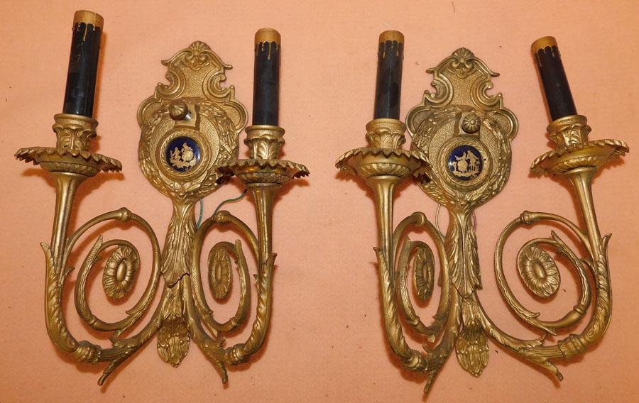 Pair Ornate Two Light Brass Sconces (1 of 4)