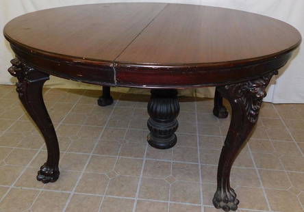 Round Mahogany Lions Head Claw Foot Table: Round Mahogany Lions Head Claw Foot Table W/ Center Pedestal. 54" Dia 29" H