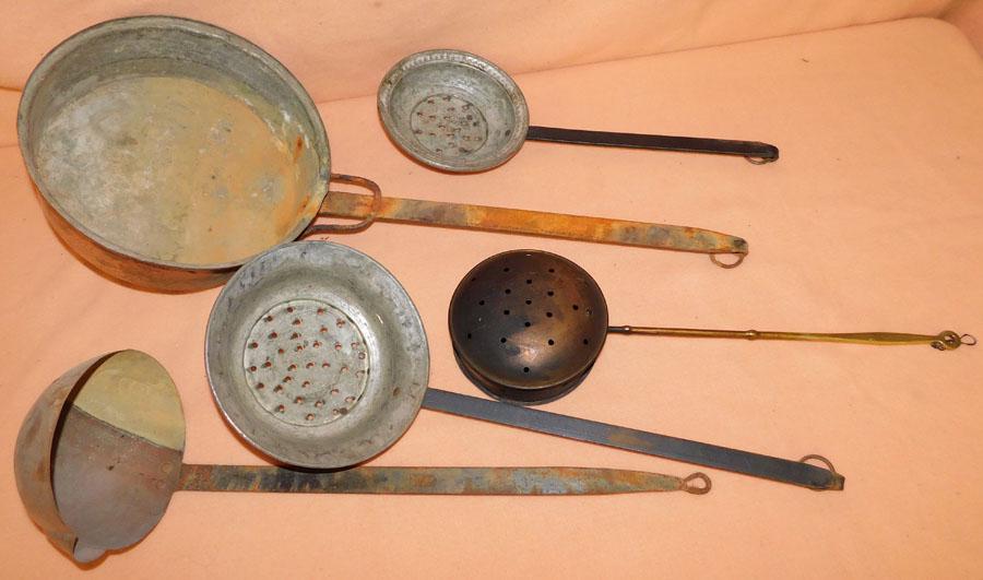 Copper Pan, Ladle, Chestnut Roaster, 2 Strainers (1 of 2)