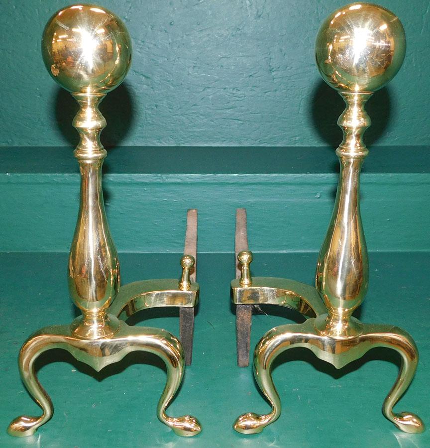 Pair Polished Brass Andirons: Pair Polished Brass Andirons. 16" H
