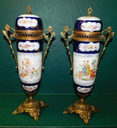 French Limoges Urns With Brass Detail