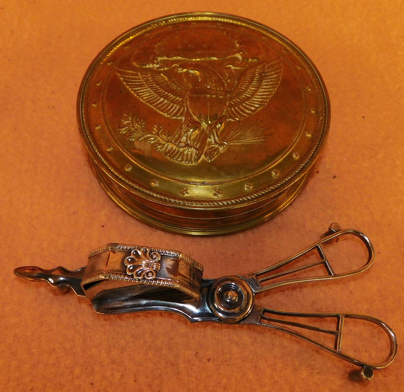 Brass Eagle Round Box & SP Candle Snuffer (1 of 3)